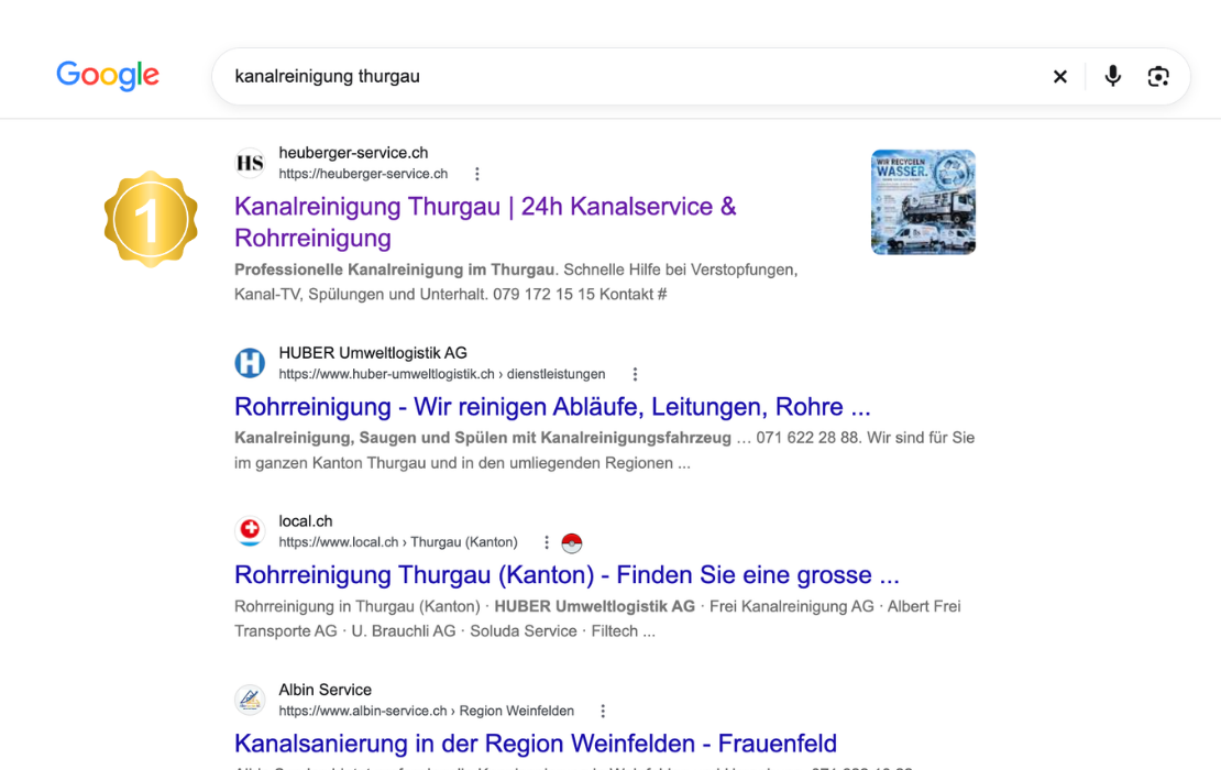 Google-Suchergebnis für kanalreinigung thurgau mit heuberger-service.ch auf Platz 1